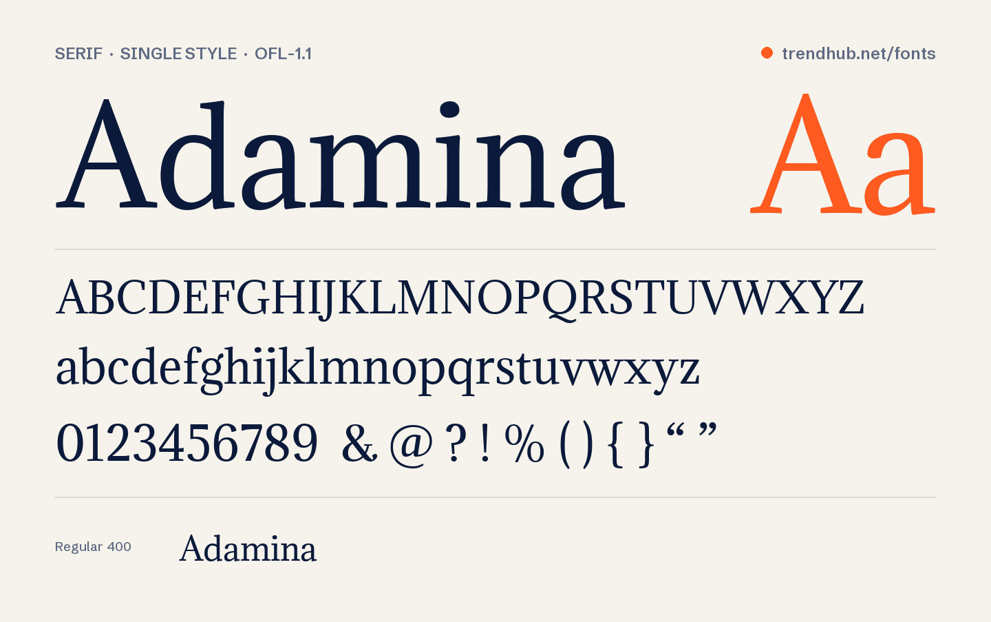 Adamina font specimen: alphabet, numerals and weights