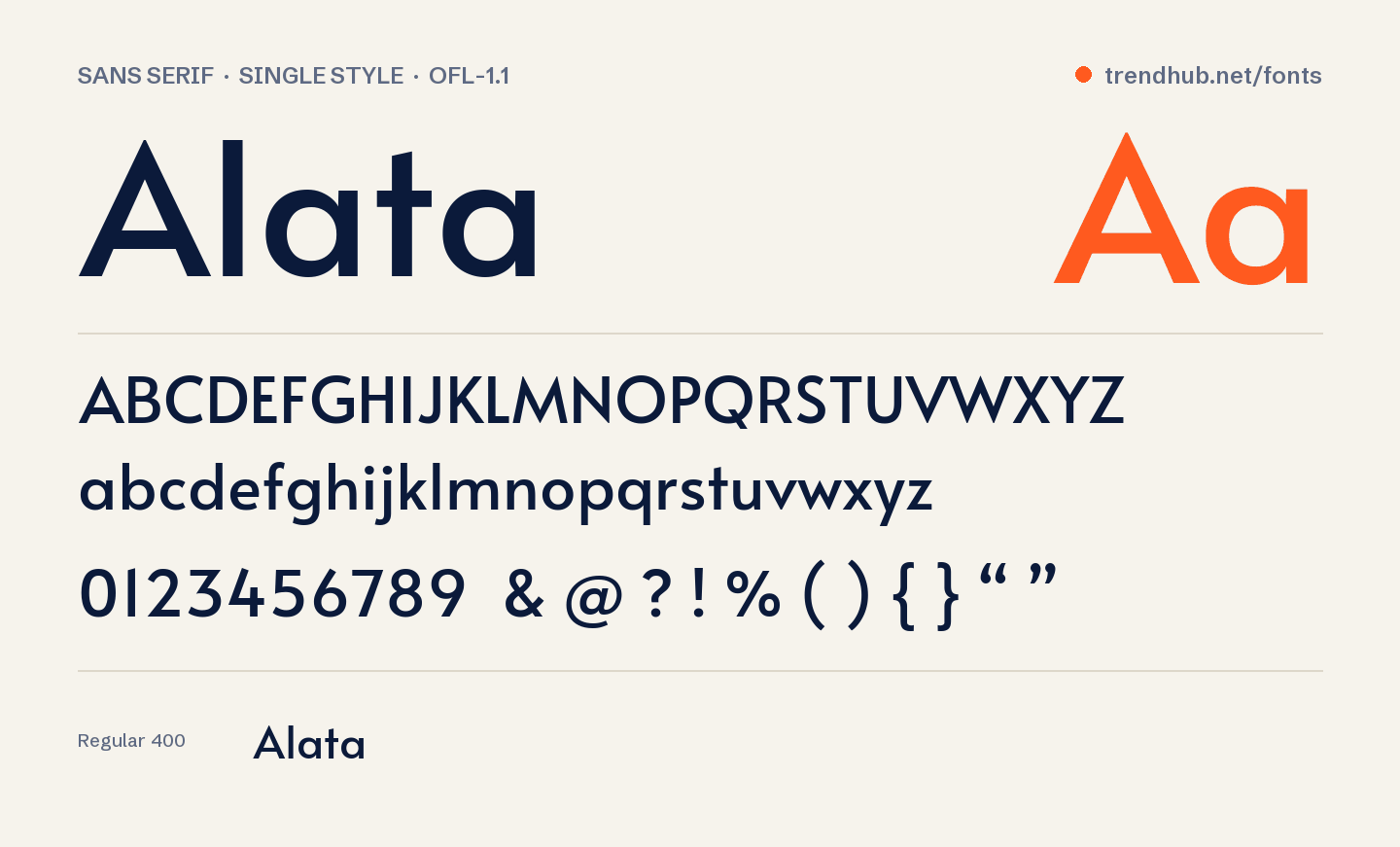 Alata font specimen: alphabet, numerals and weights