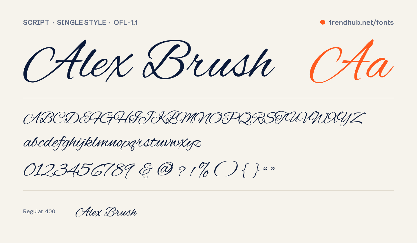Alex Brush font specimen: alphabet, numerals and weights