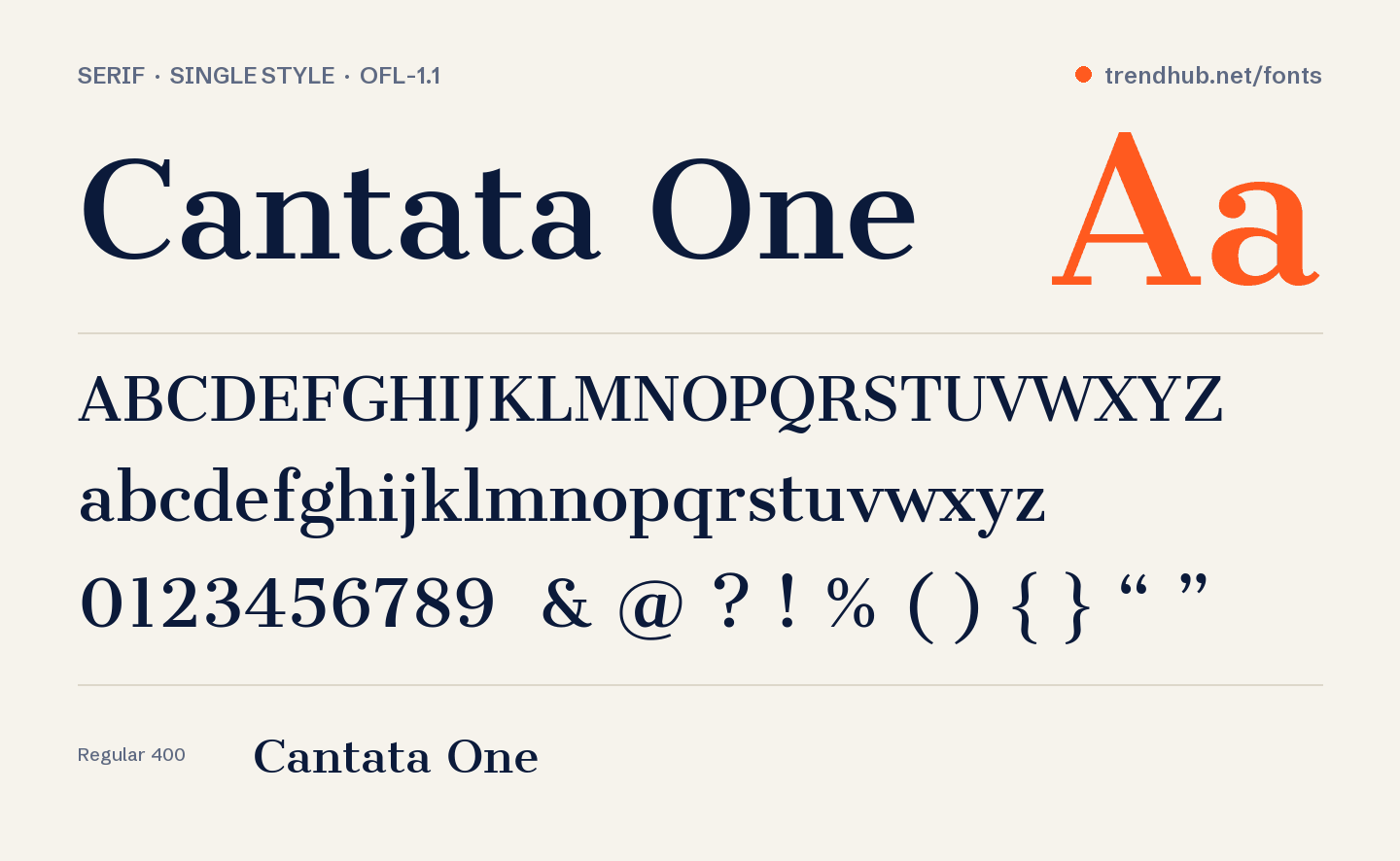 Cantata One font specimen: alphabet, numerals and weights