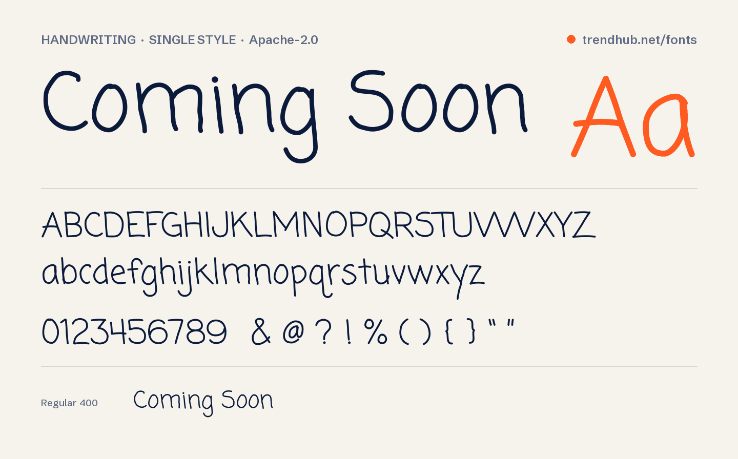 Coming Soon font specimen: alphabet, numerals and weights