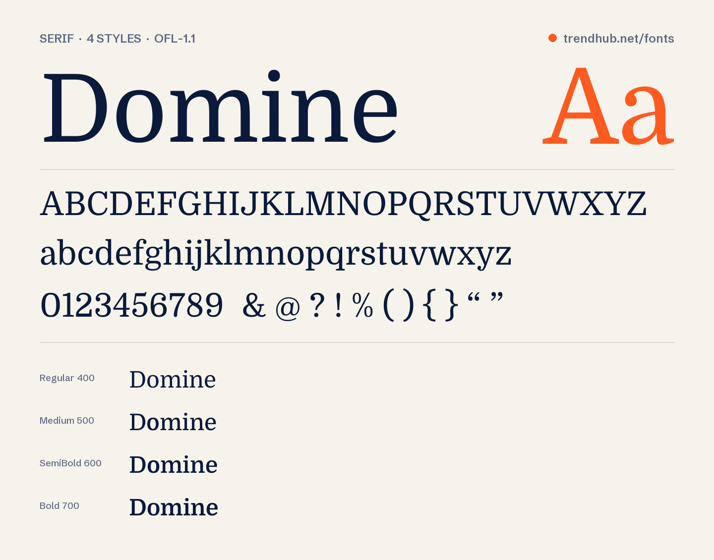 Domine font specimen: alphabet, numerals and weights