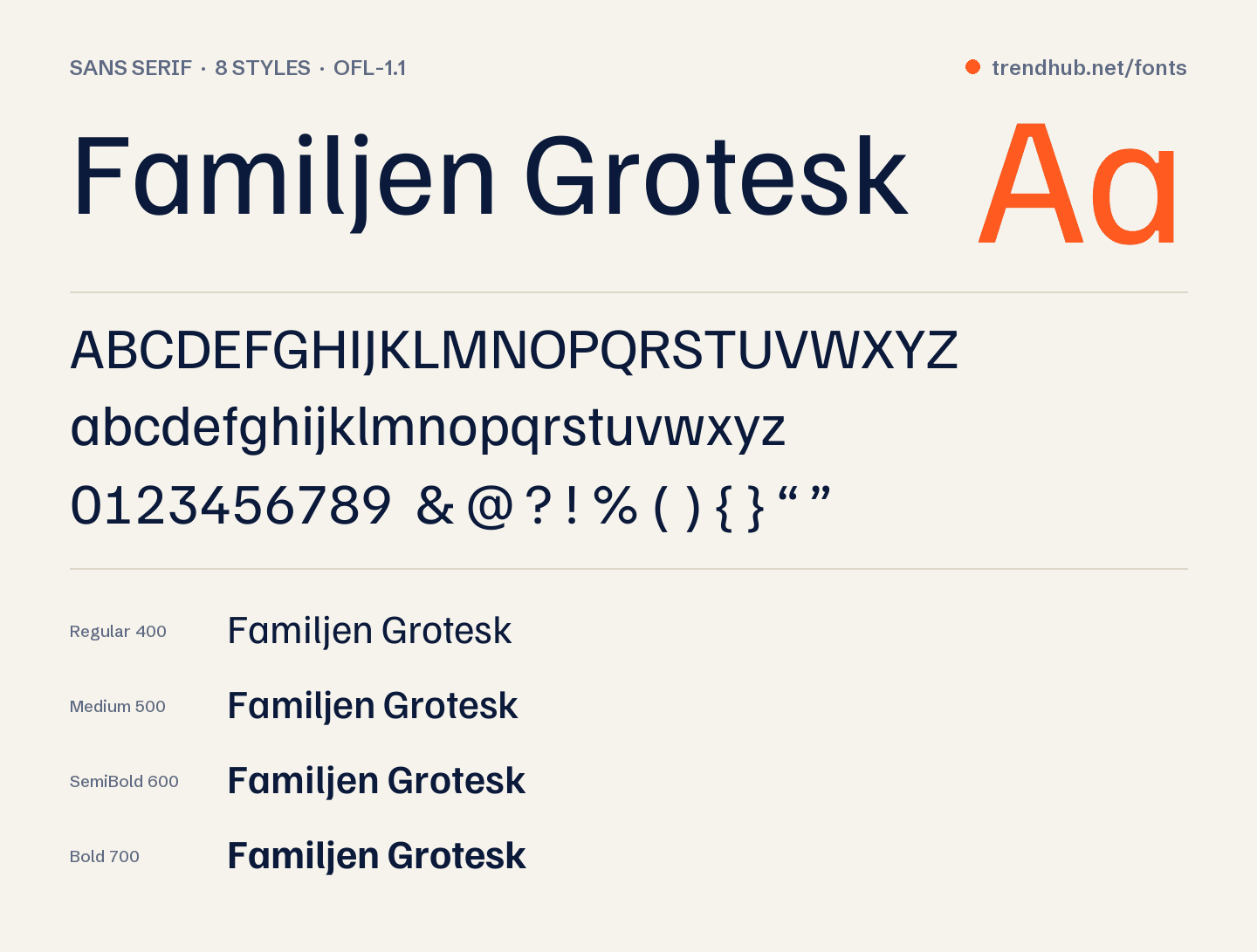 Specimen del font Familjen Grotesk