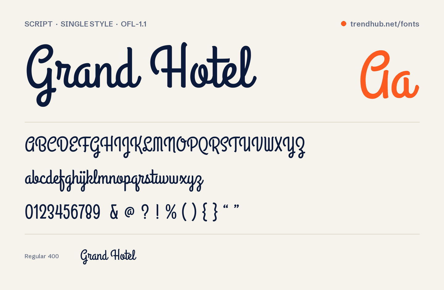 Grand Hotel font specimen: alphabet, numerals and weights