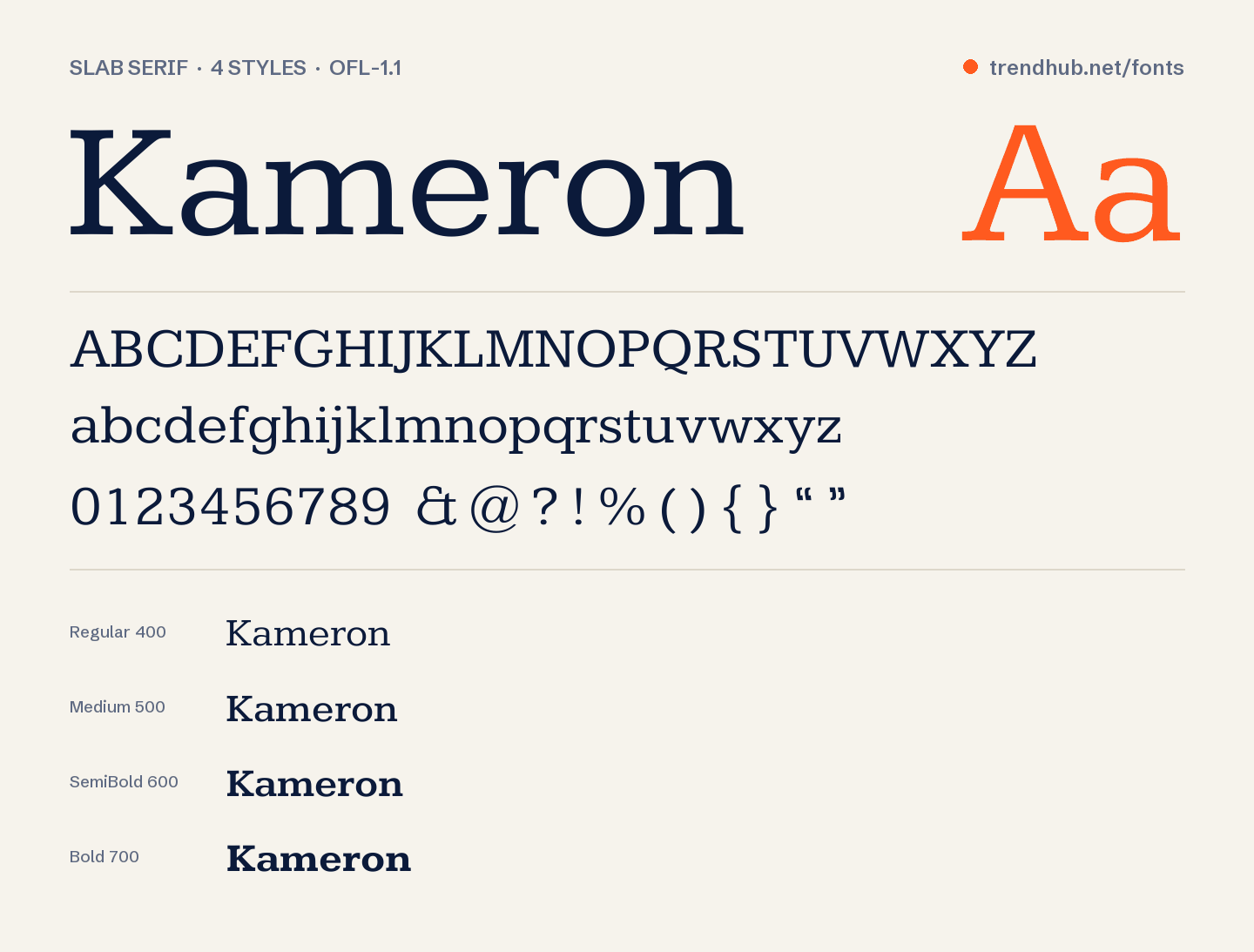 Specimen van het font Kameron
