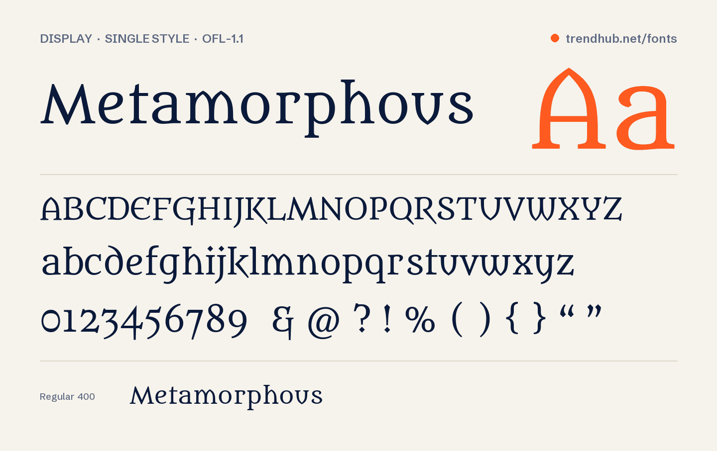 Specimen van het font Metamorphous