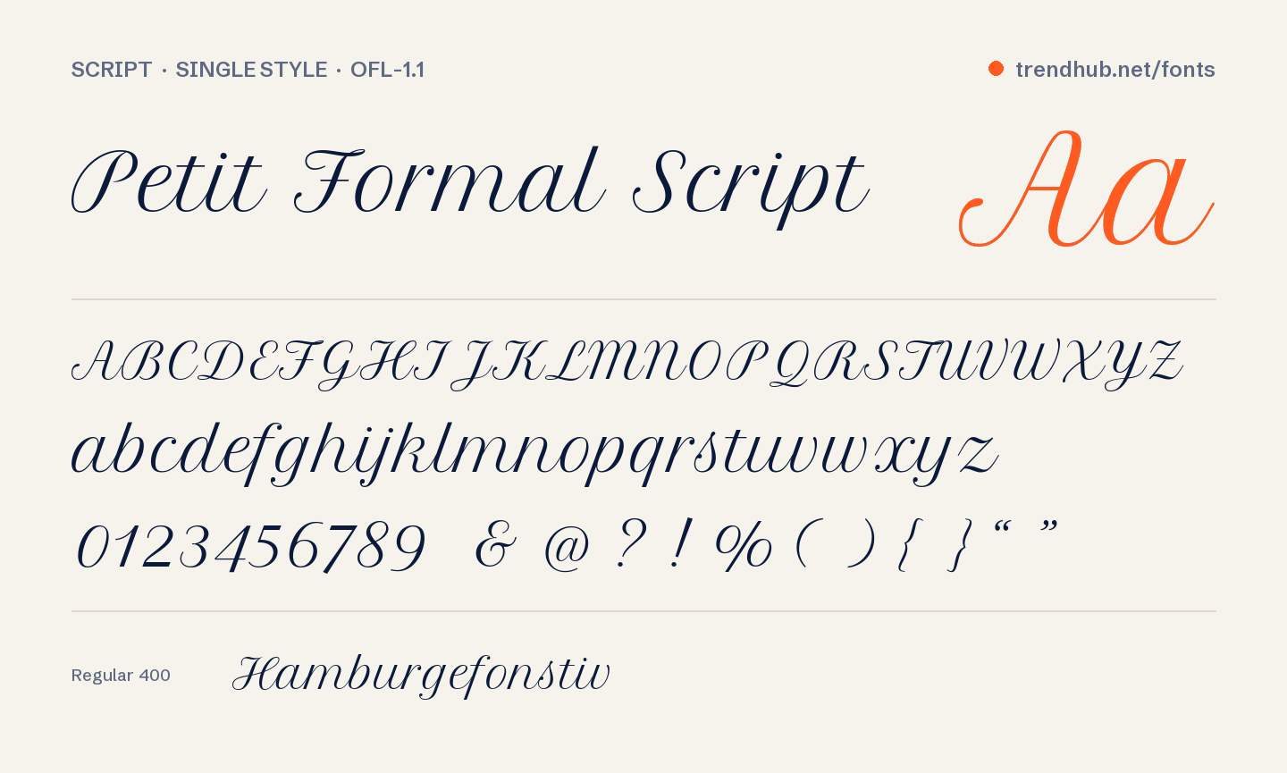 Petit Formal Script font specimen: alphabet, numerals and weights