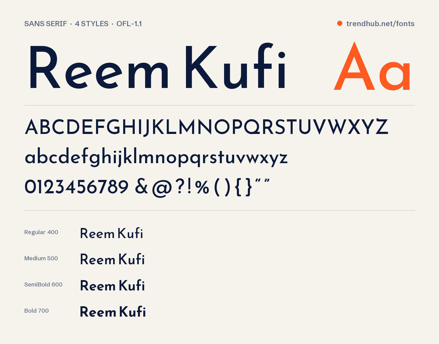 Specimen del font Reem Kufi