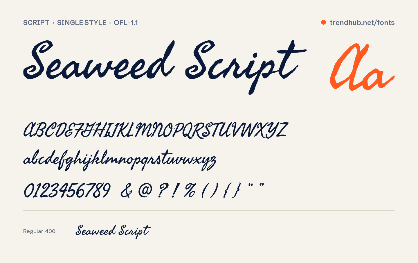 Seaweed Script font specimen: alphabet, numerals and weights