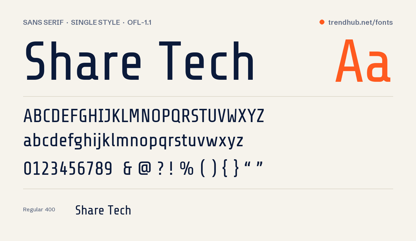 Share Tech font specimen: alphabet, numerals and weights