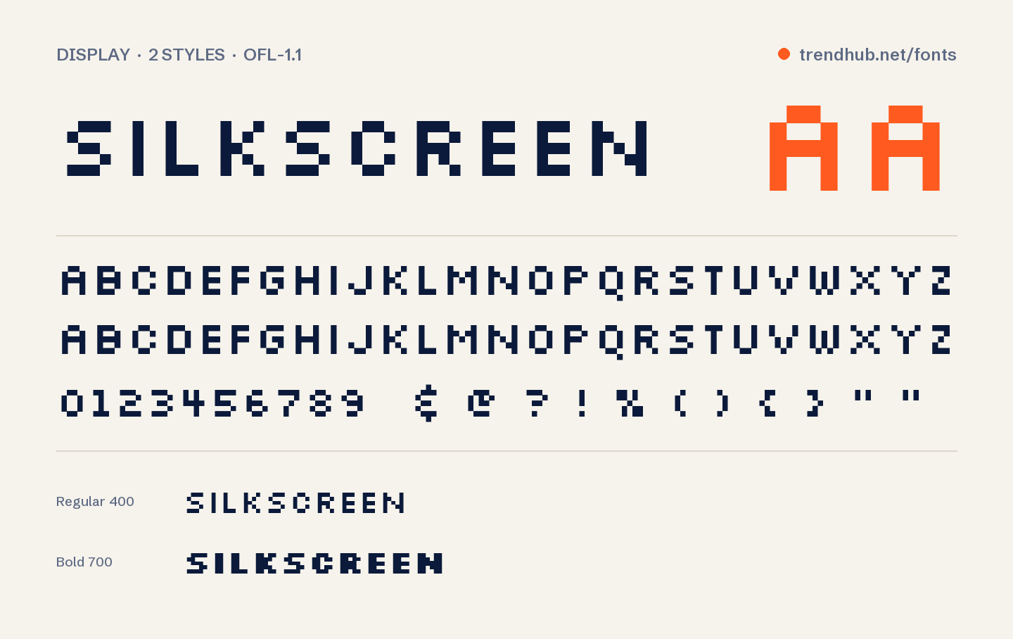 Specimen van het font Silkscreen