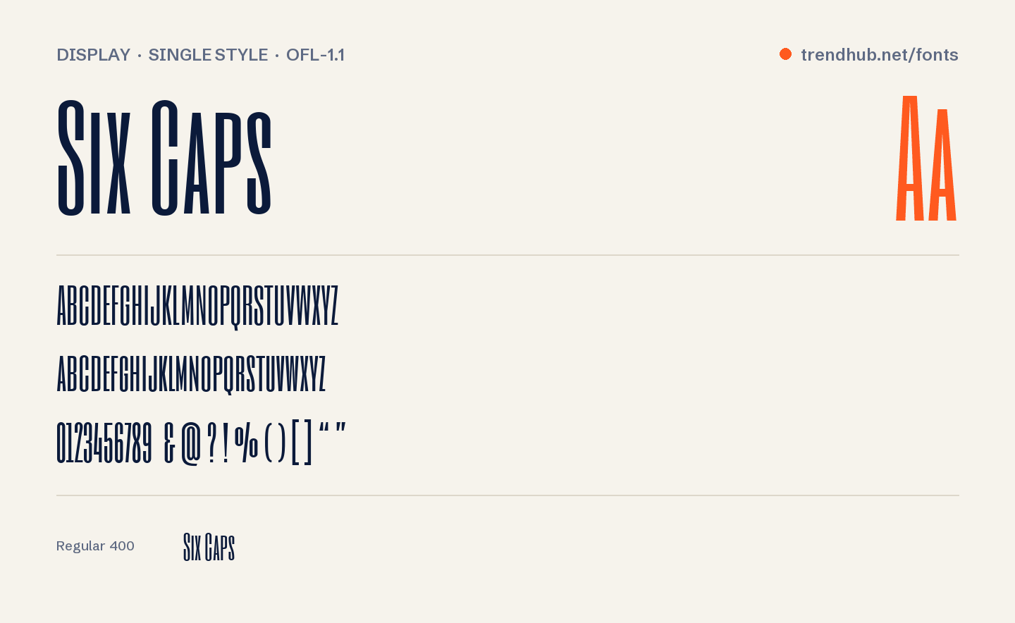 Specimen van het font Six Caps