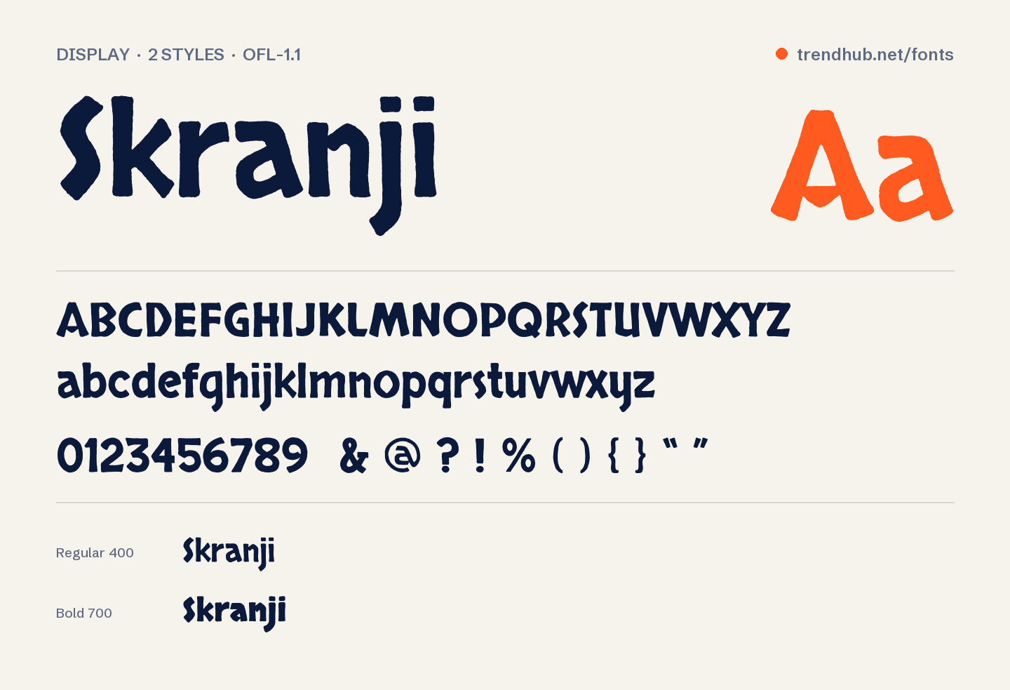 Specimen van het font Skranji