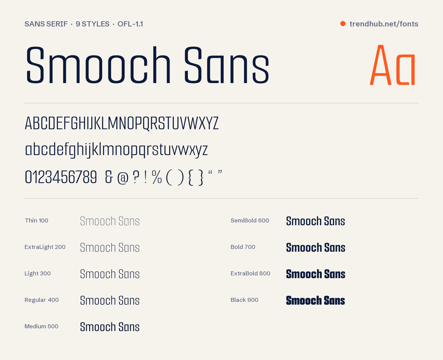 Smooch Sans font specimen: alphabet, numerals and weights
