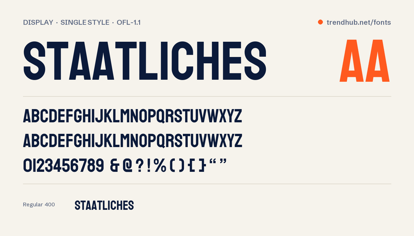 Staatliches font specimen: alphabet, numerals and weights