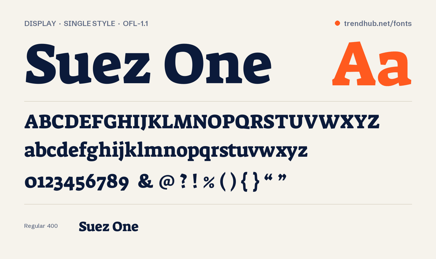 Suez One font specimen: alphabet, numerals and weights