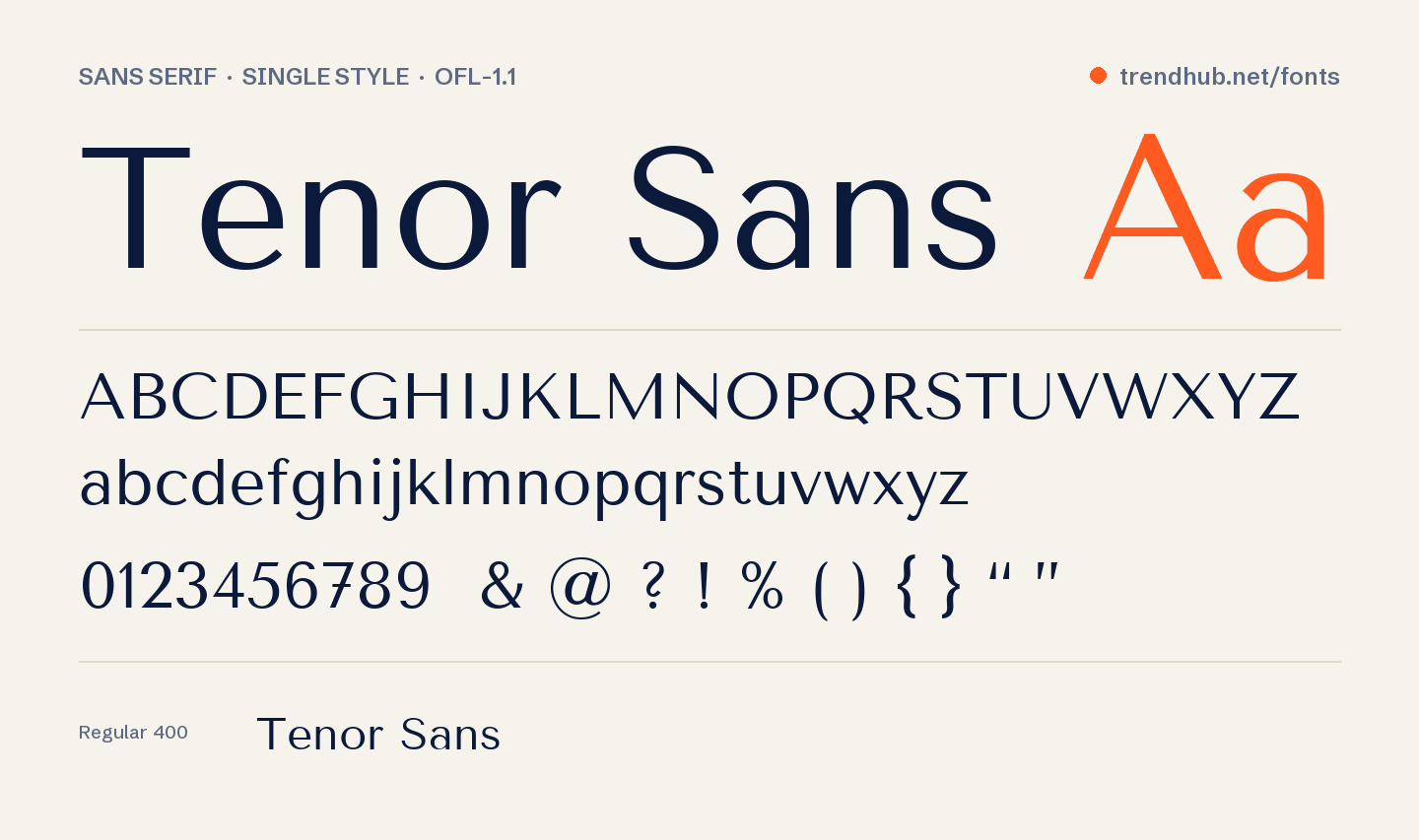 Tenor Sans font specimen: alphabet, numerals and weights
