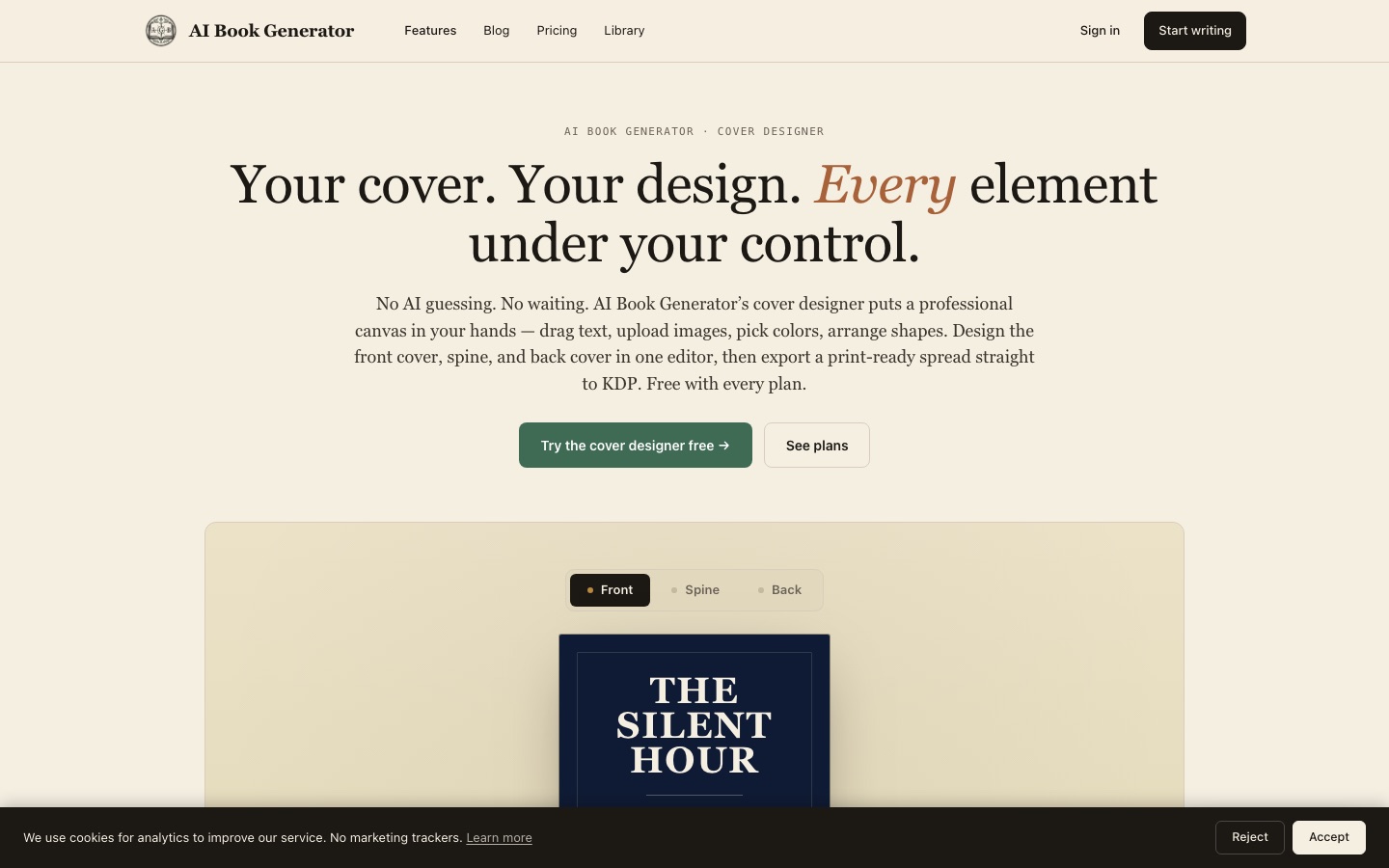 AI Book Generator cover designer page