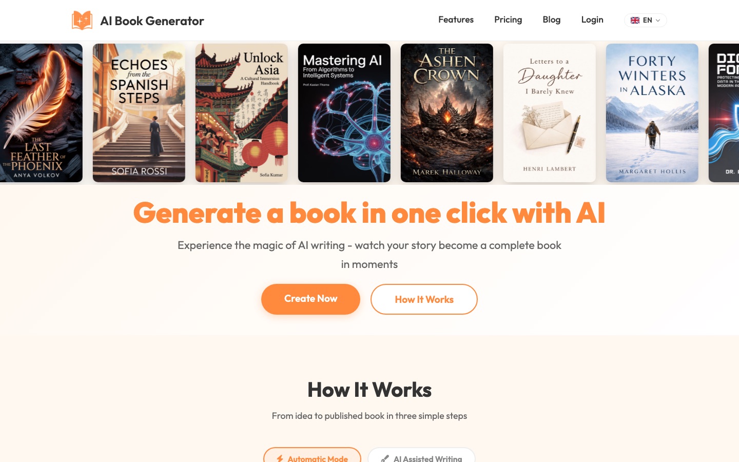 AI Book Generator website home page