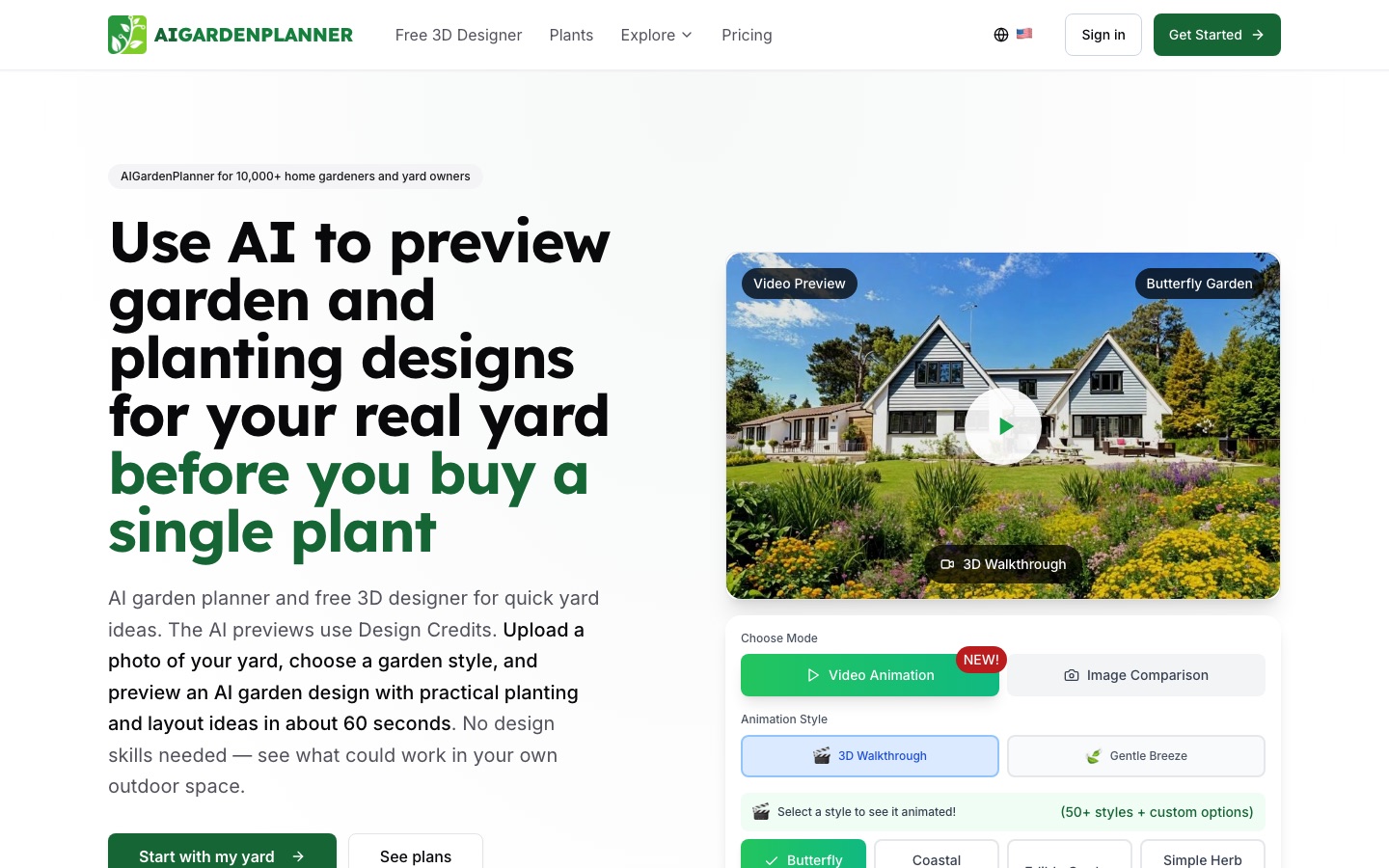 AIGardenPlanner website home page