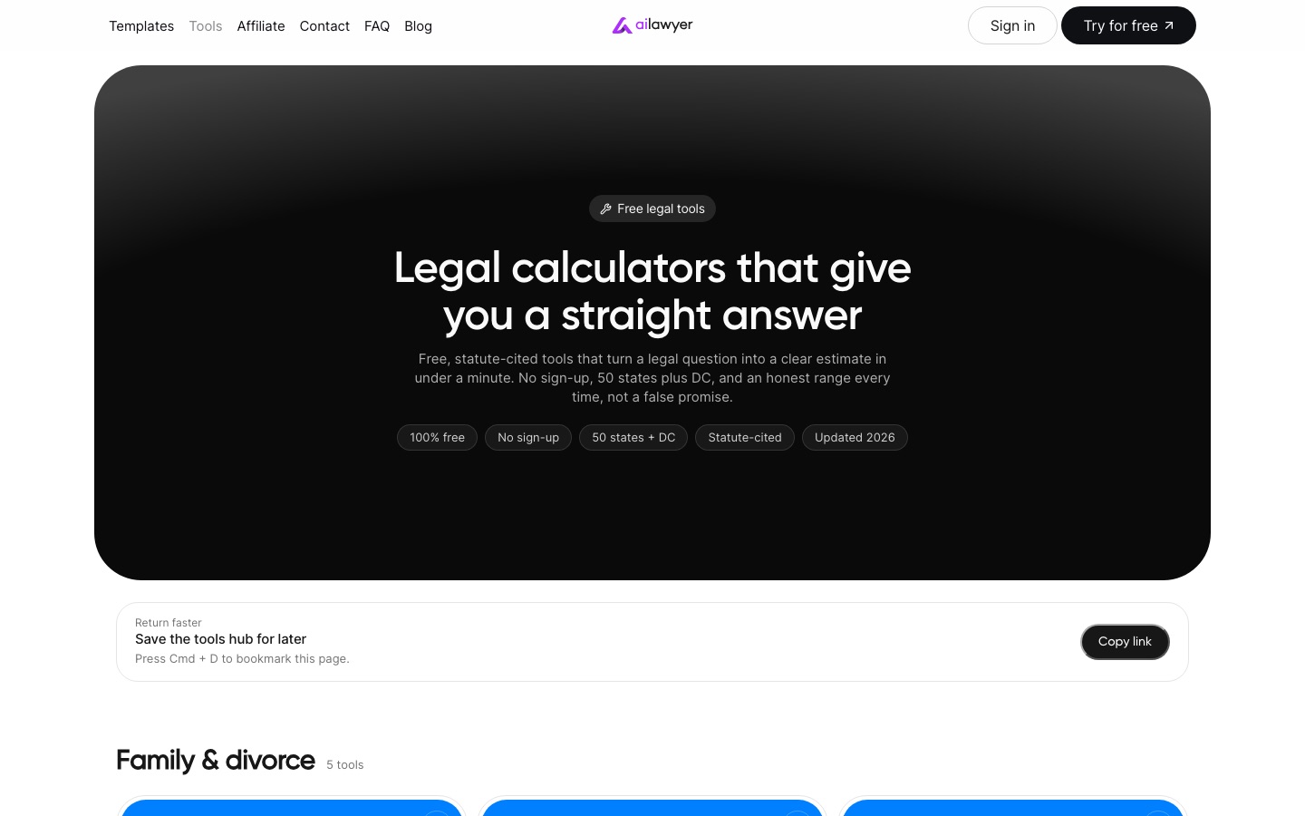 Pagina met gratis juridische tools van AI Lawyer