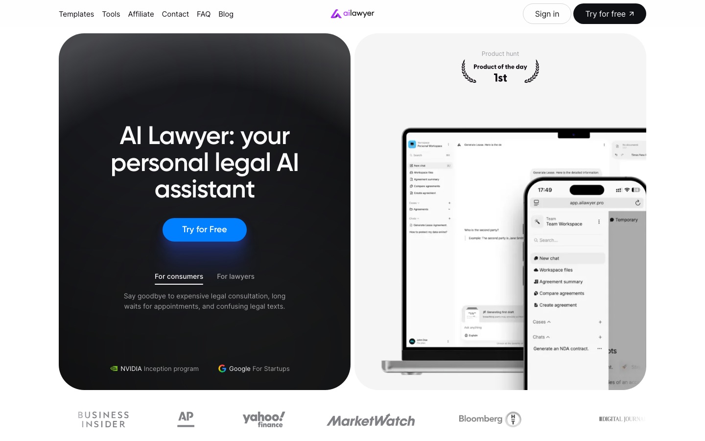Homepage van de website van AI Lawyer