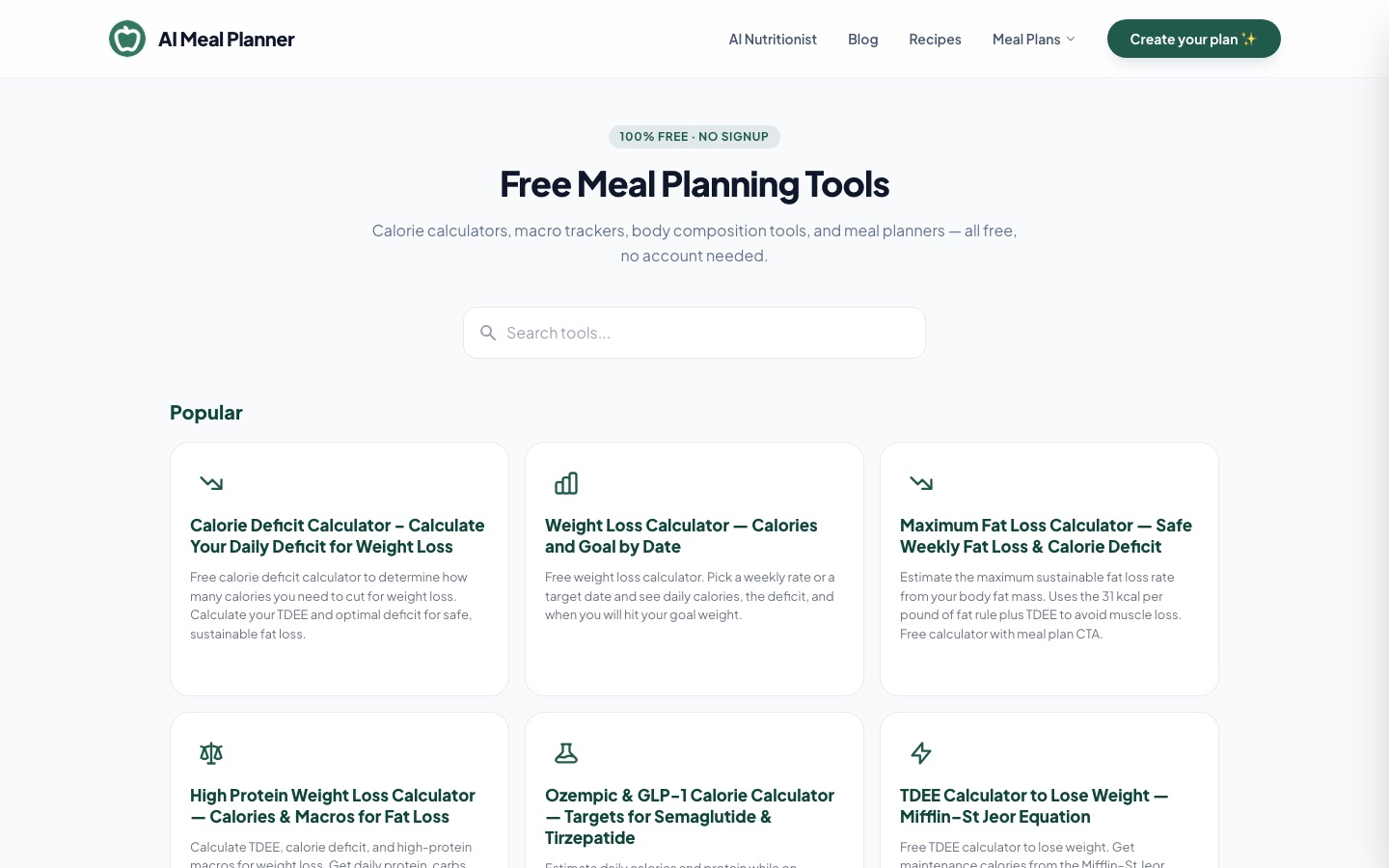Seite mit den kostenlosen Tools von AI Meal Planner