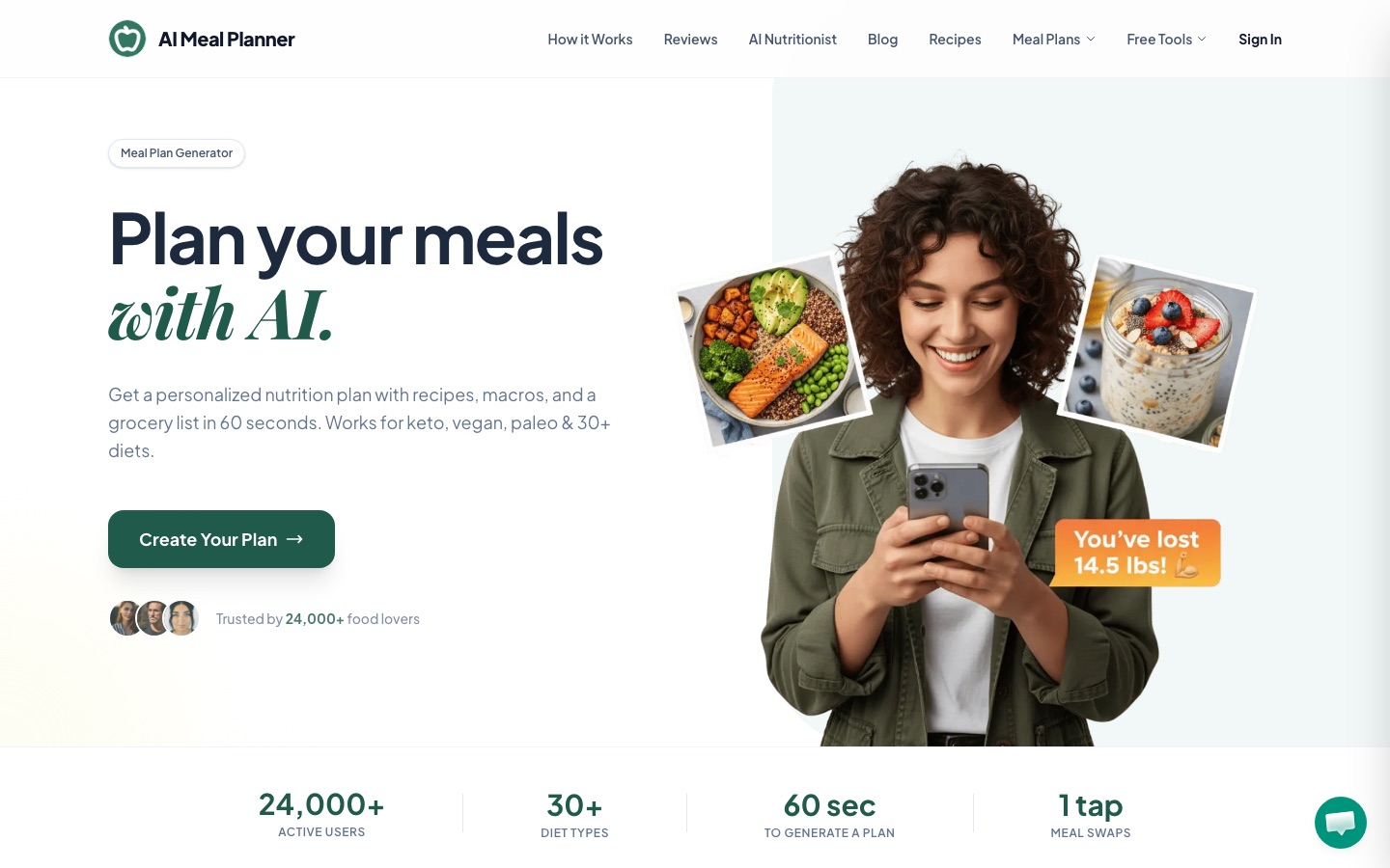 Startseite der Website von AI Meal Planner