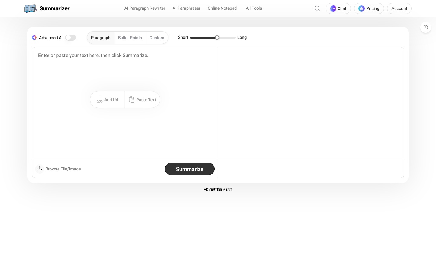 Homepage van de website van AI Summarizer
