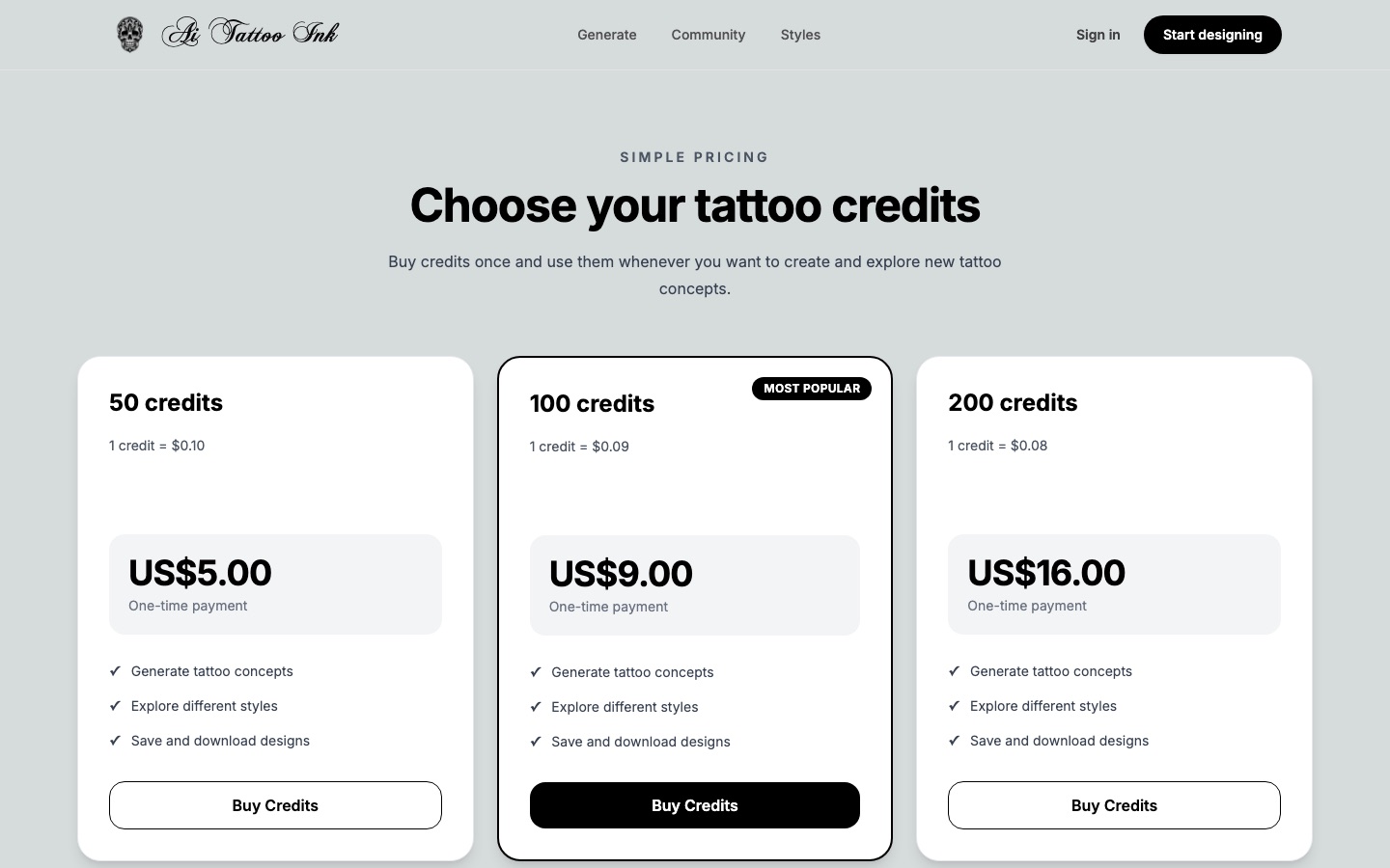 AI Tattoo Ink pricing page