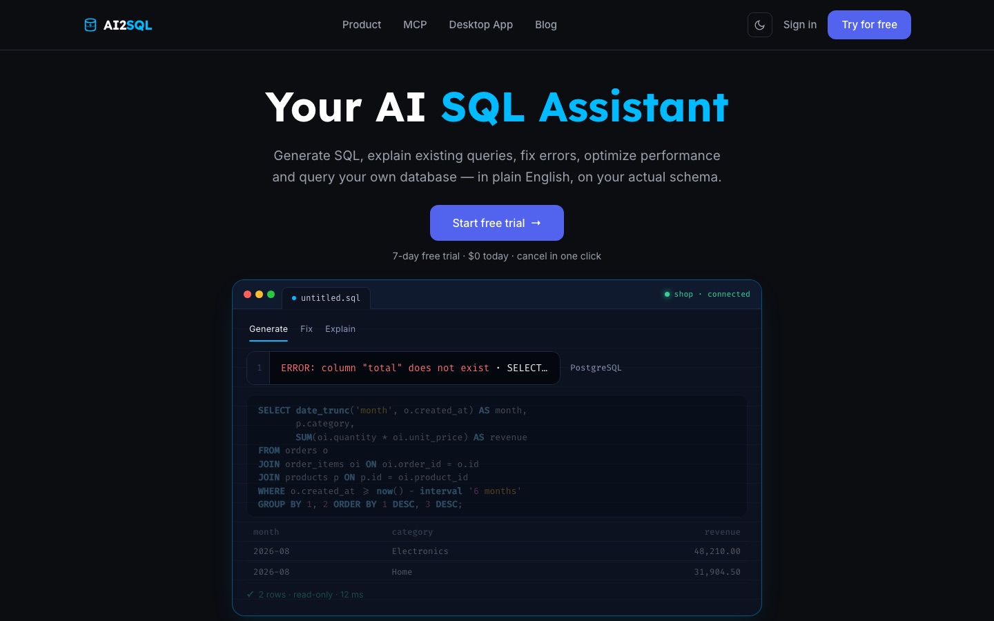 Página de inicio del sitio web de AI2SQL