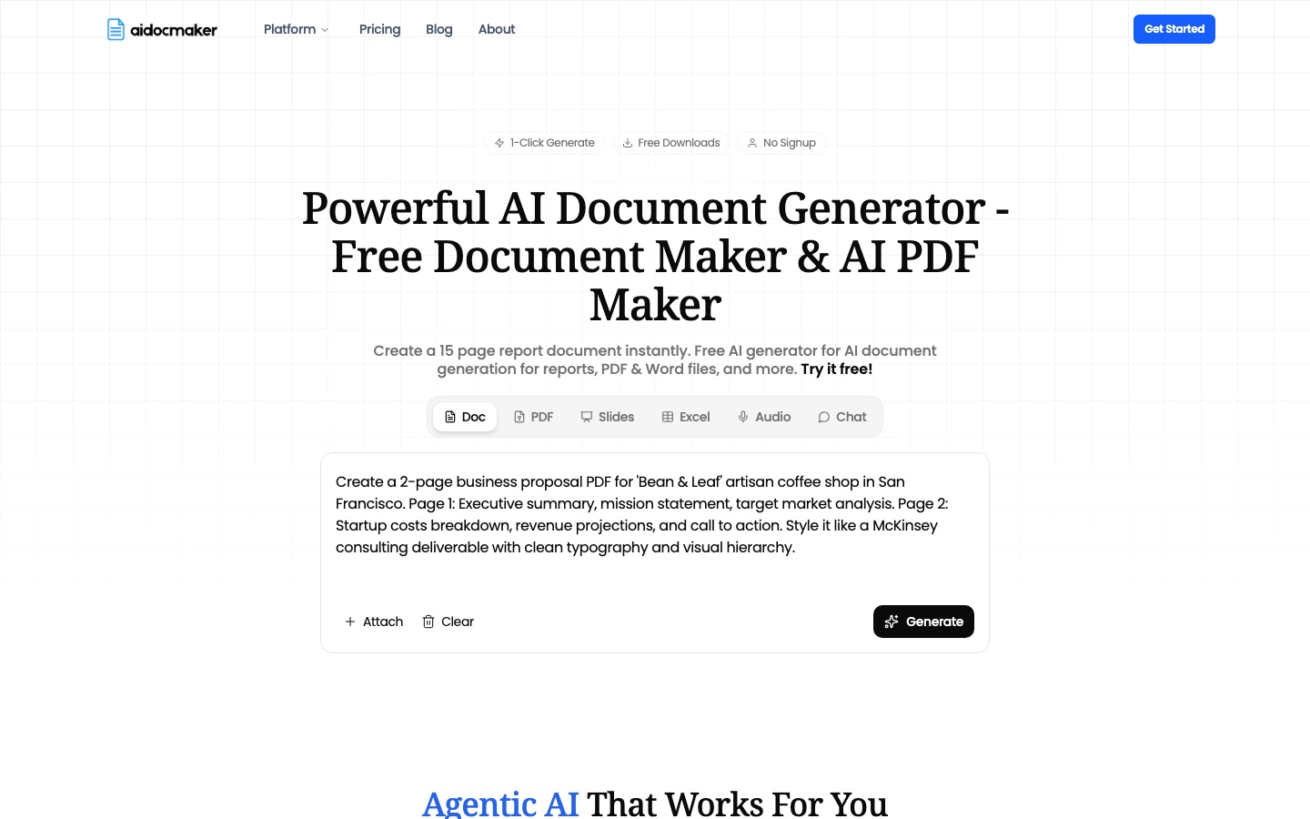 Página de inicio del sitio web de AI Doc Maker