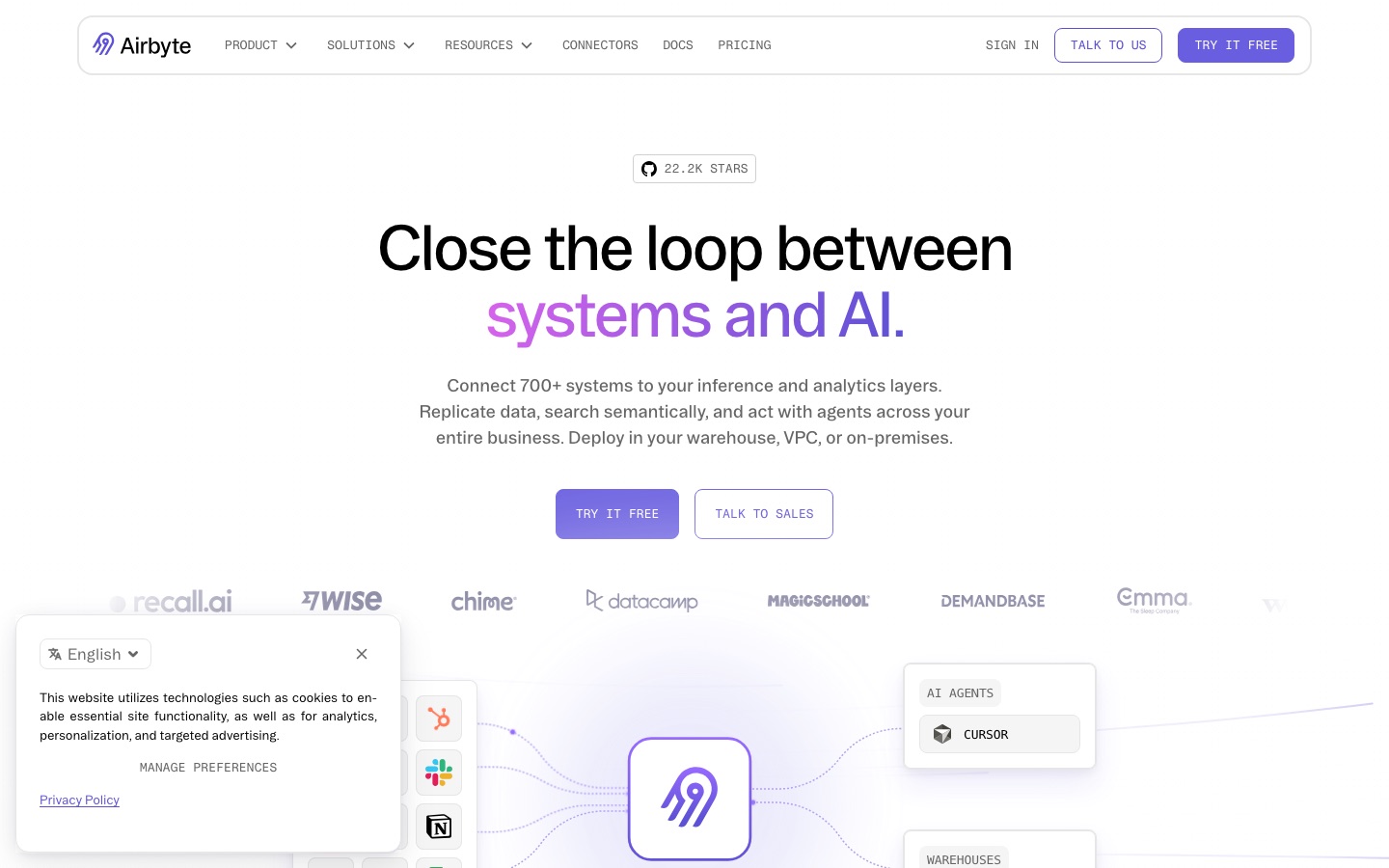 Airbyte web sitesinin ana sayfası