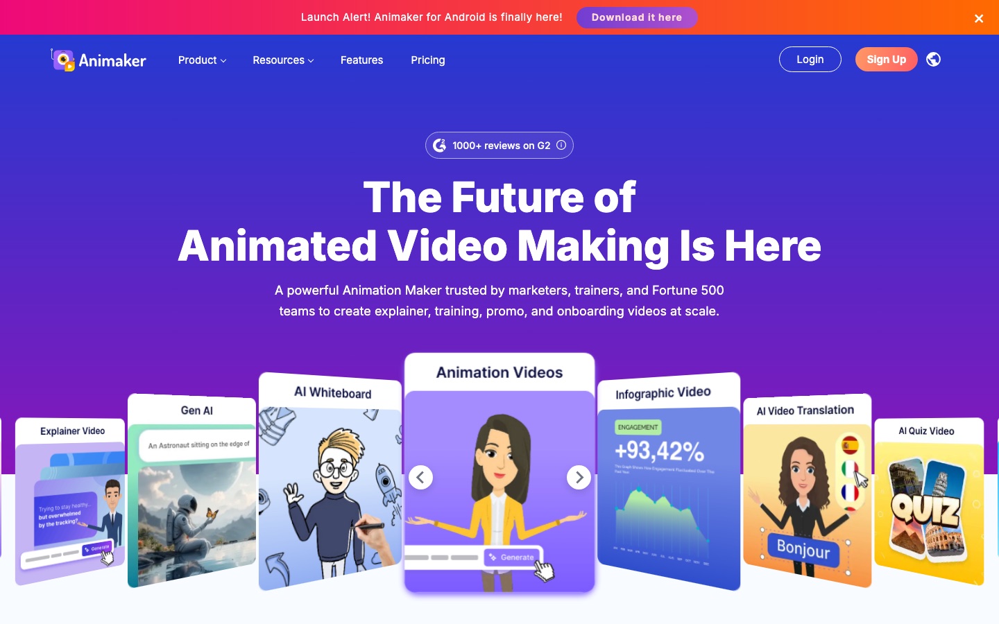 Homepage van de website van Animaker