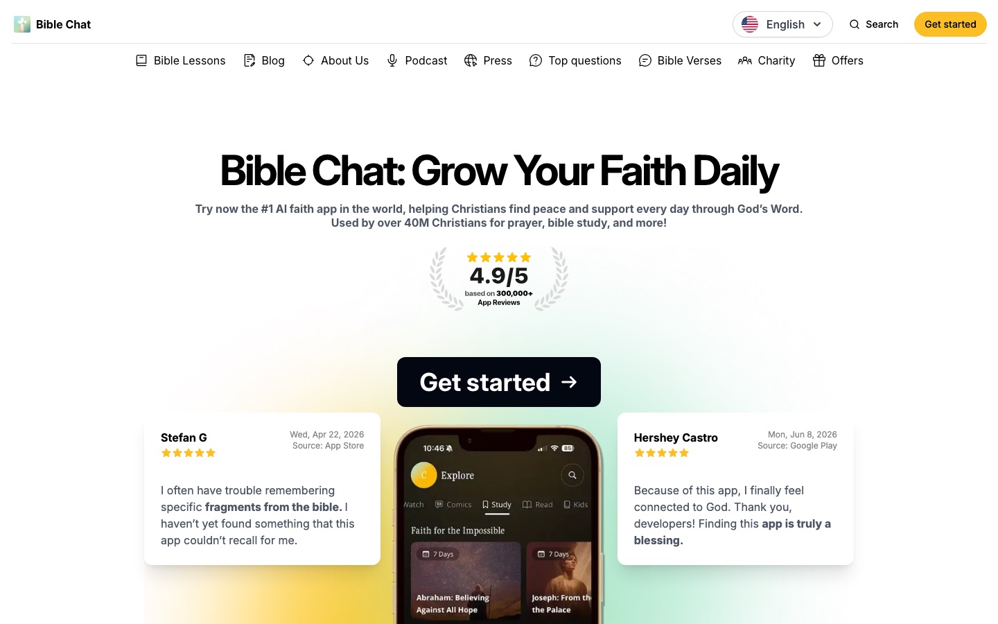 Página de inicio del sitio web de Bible Chat
