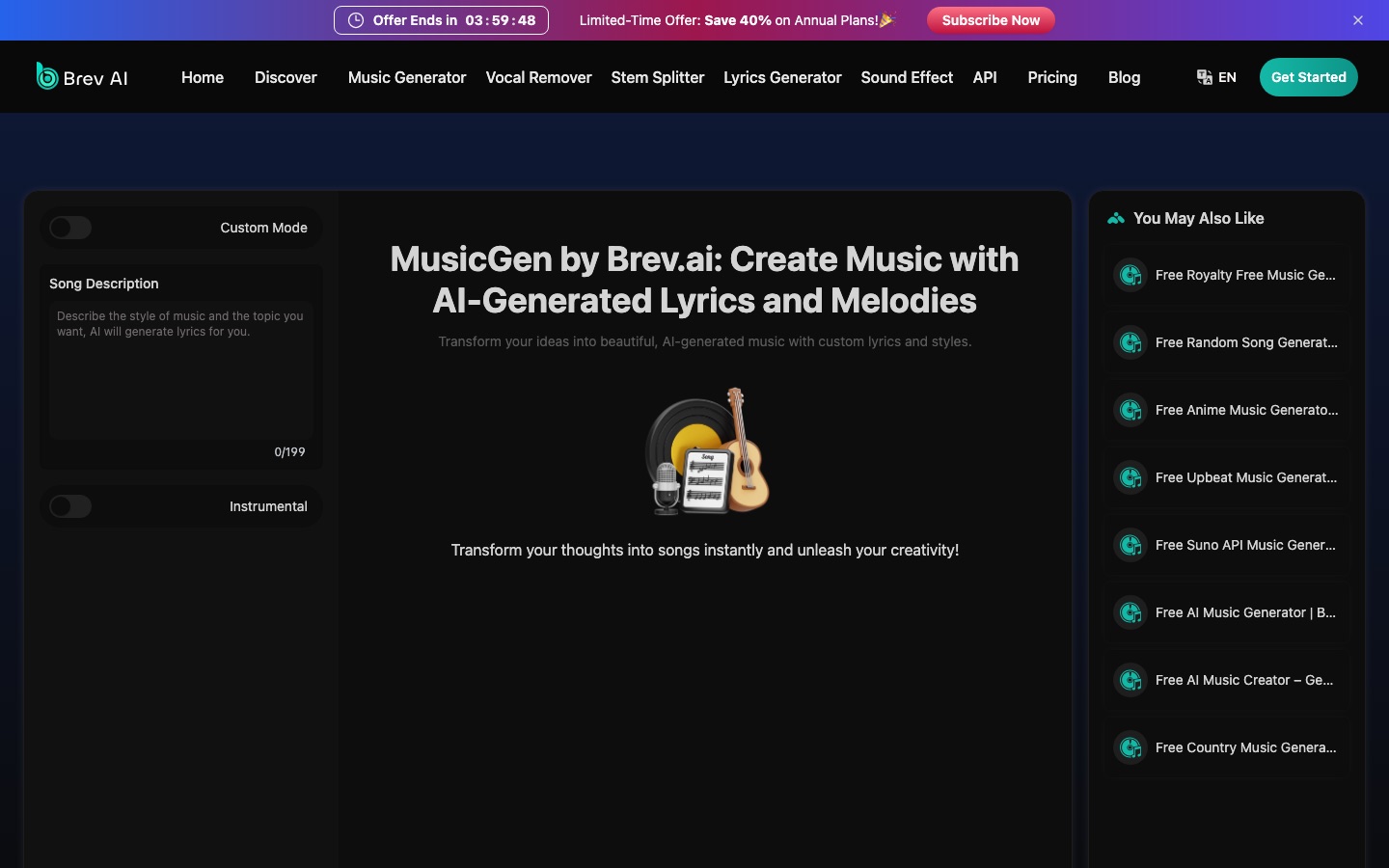 Page MusicGen de Brev AI