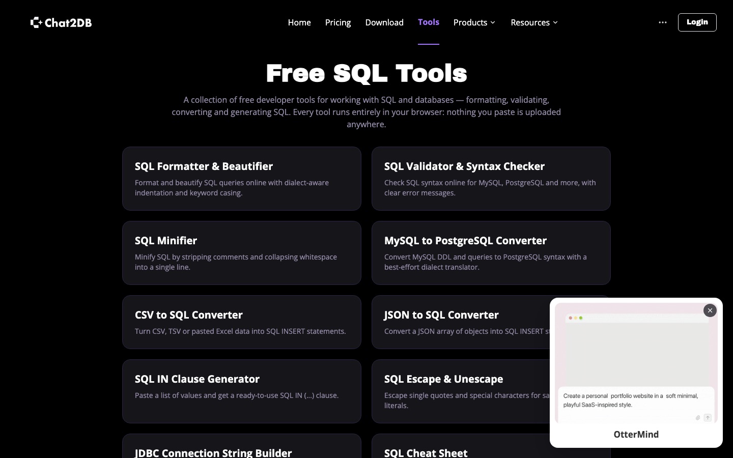 Страница бесплатных инструментов SQL Chat2DB