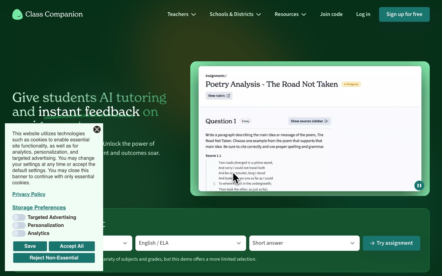 Startseite der Website von Class Companion