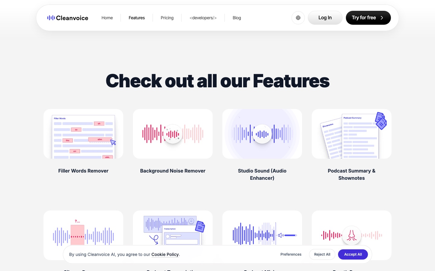 Funktionsseite von Cleanvoice AI