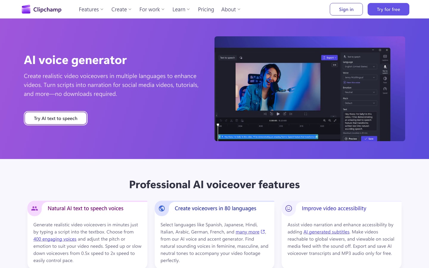Clipchamp ai voice generator page