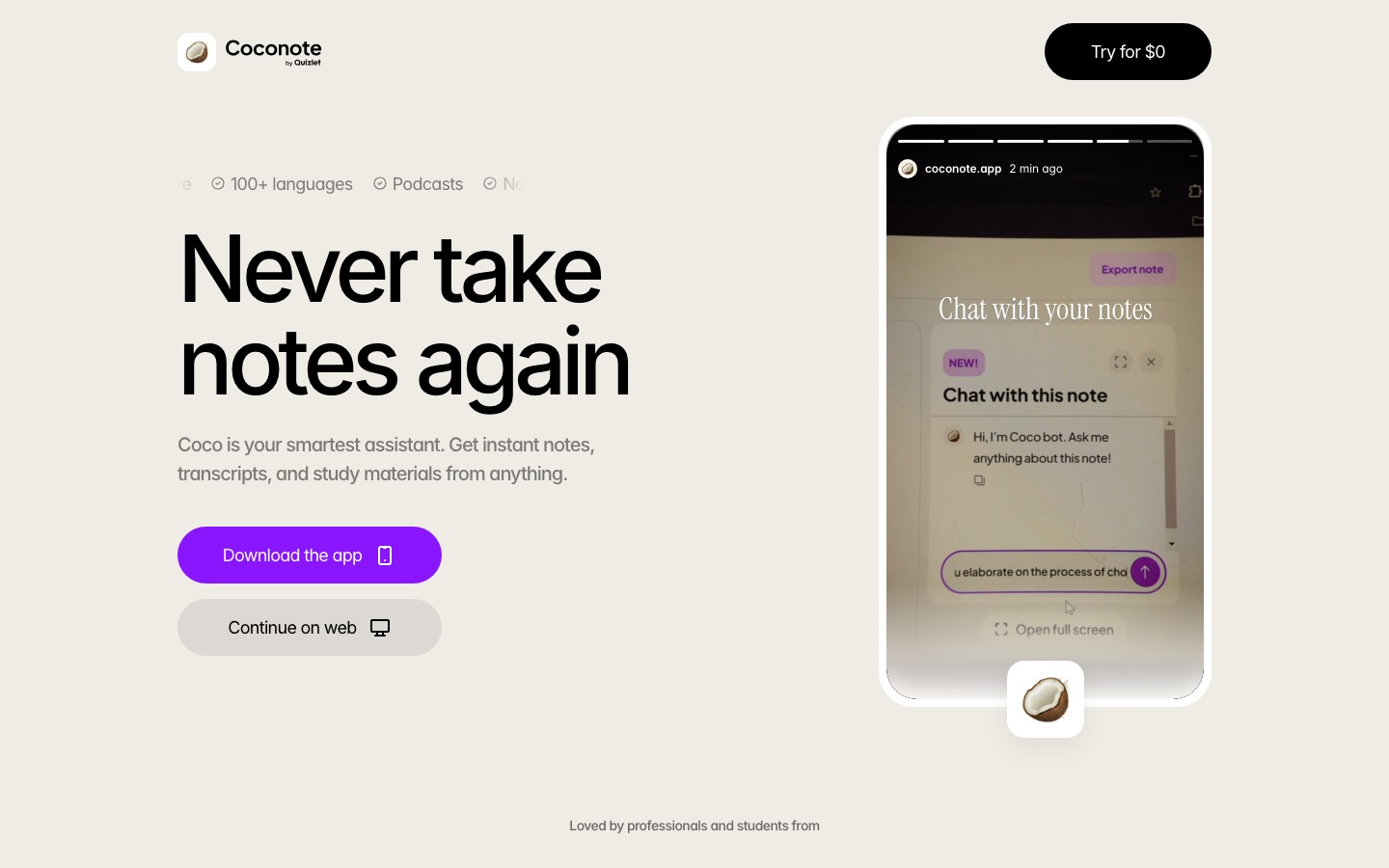 Coconote website home page