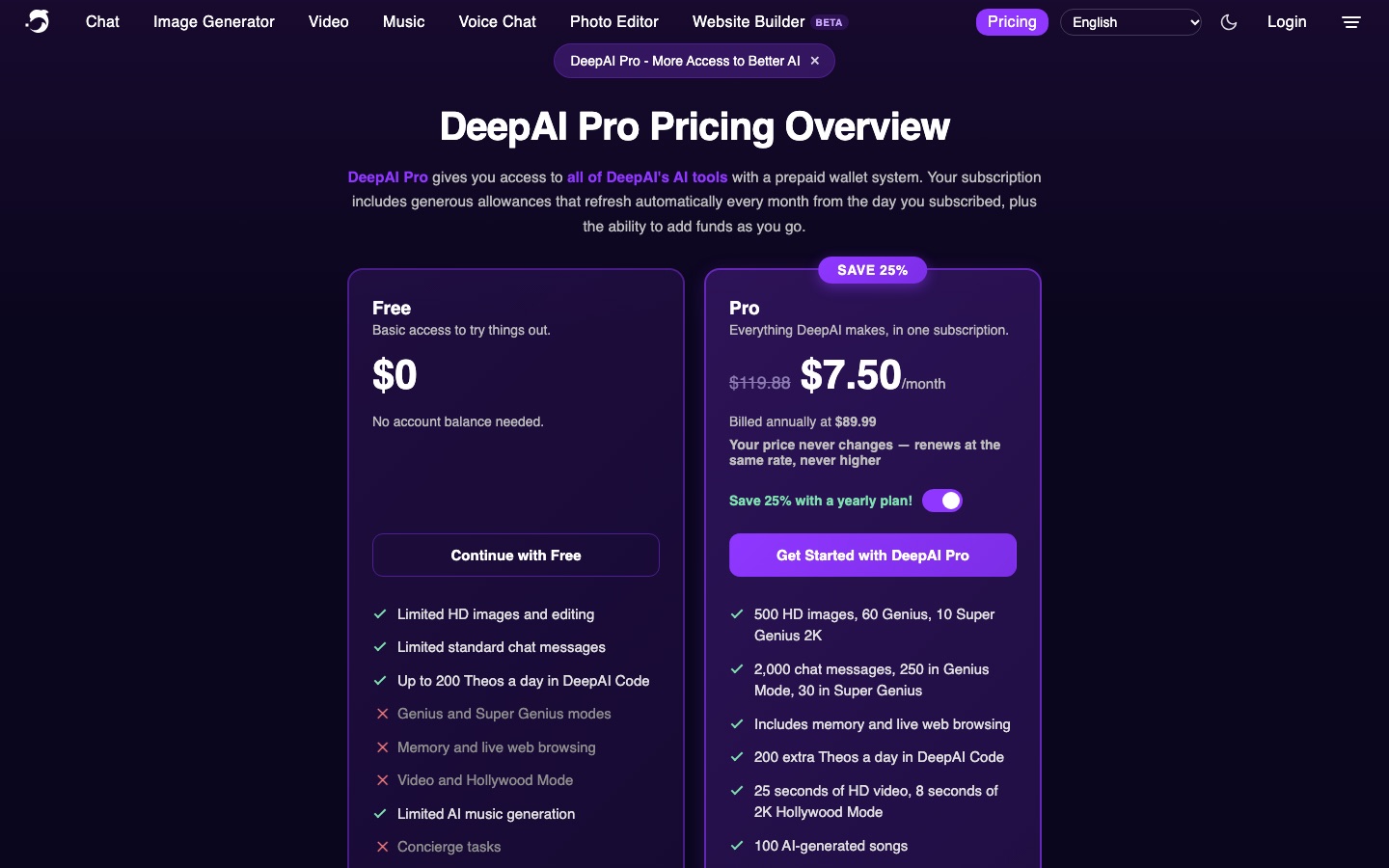 DeepAI pricing page