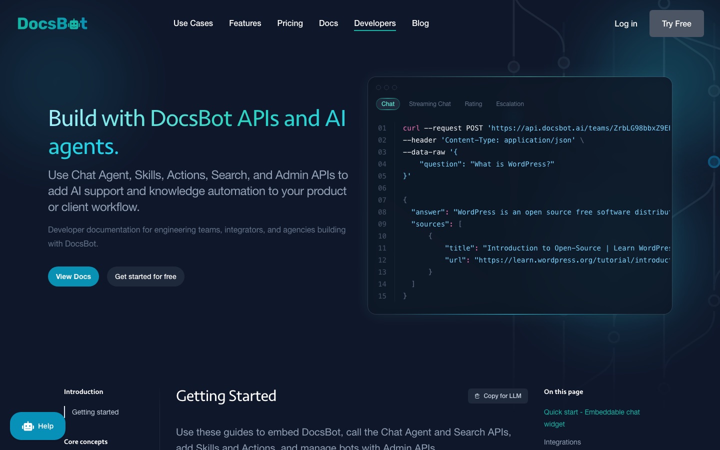 Pagina met documentatie voor ontwikkelaars van DocsBot