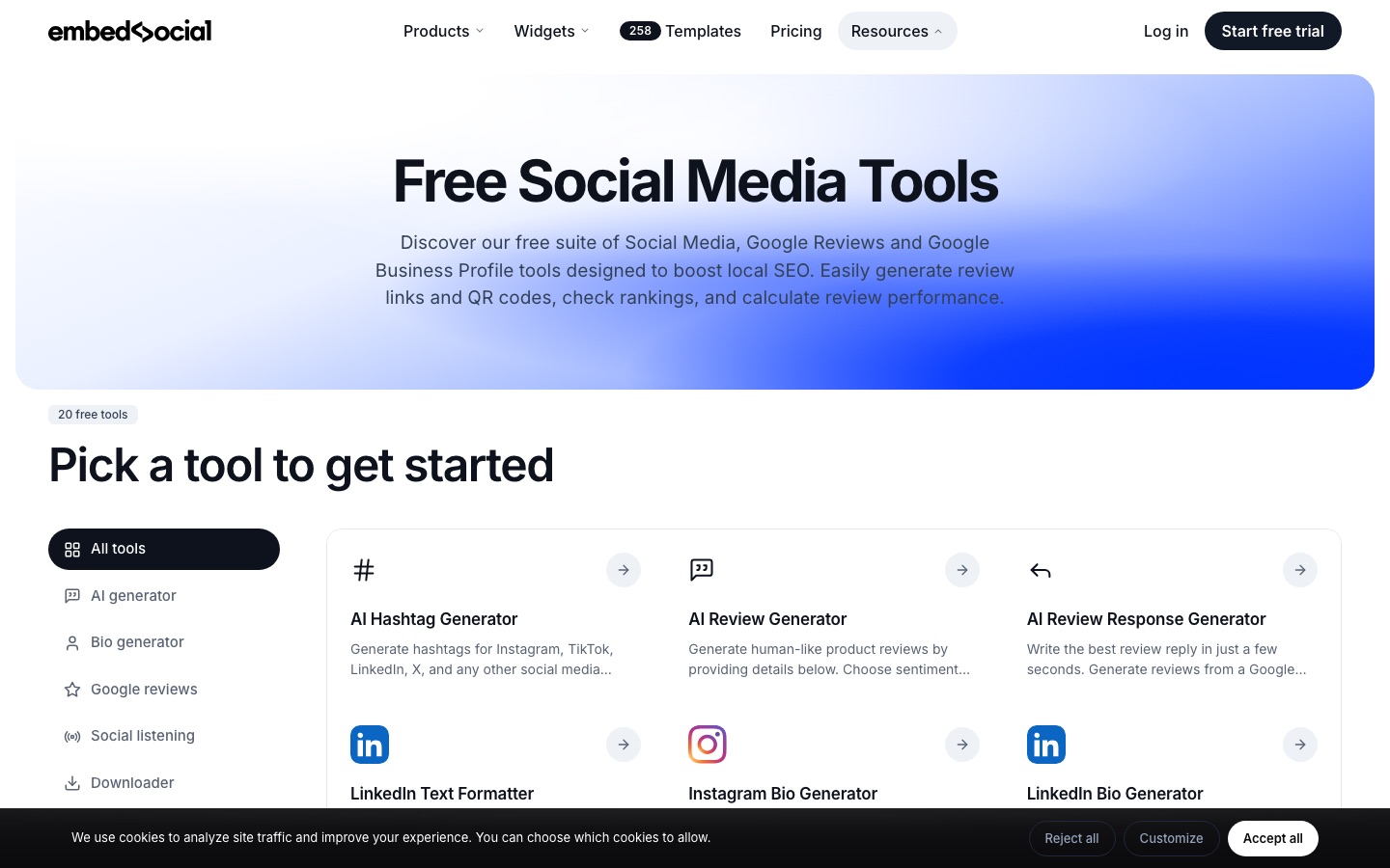 Página de herramientas gratuitas de EmbedSocial