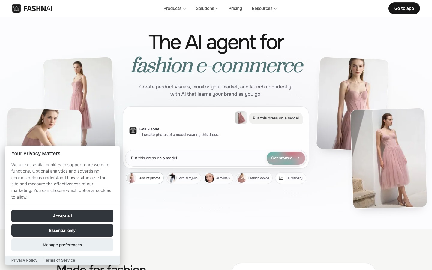 Homepage van de website van FASHN AI