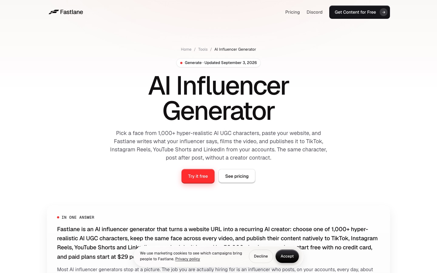 Page du générateur d’influenceur d’IA de Fastlane