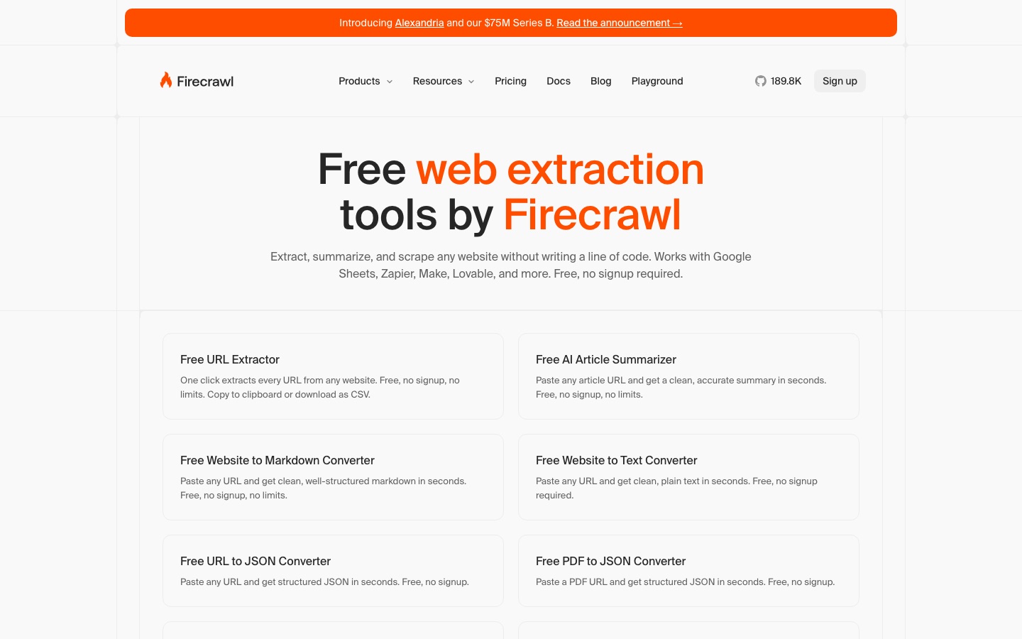 Pagina van Firecrawl met gratis webextractietools