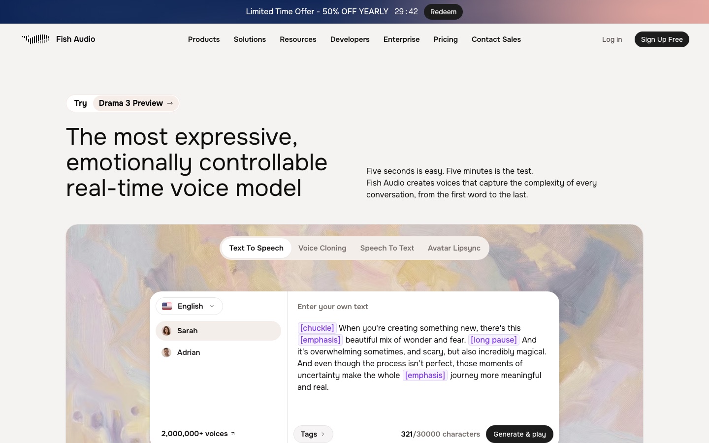 Homepage van de website van Fish Audio