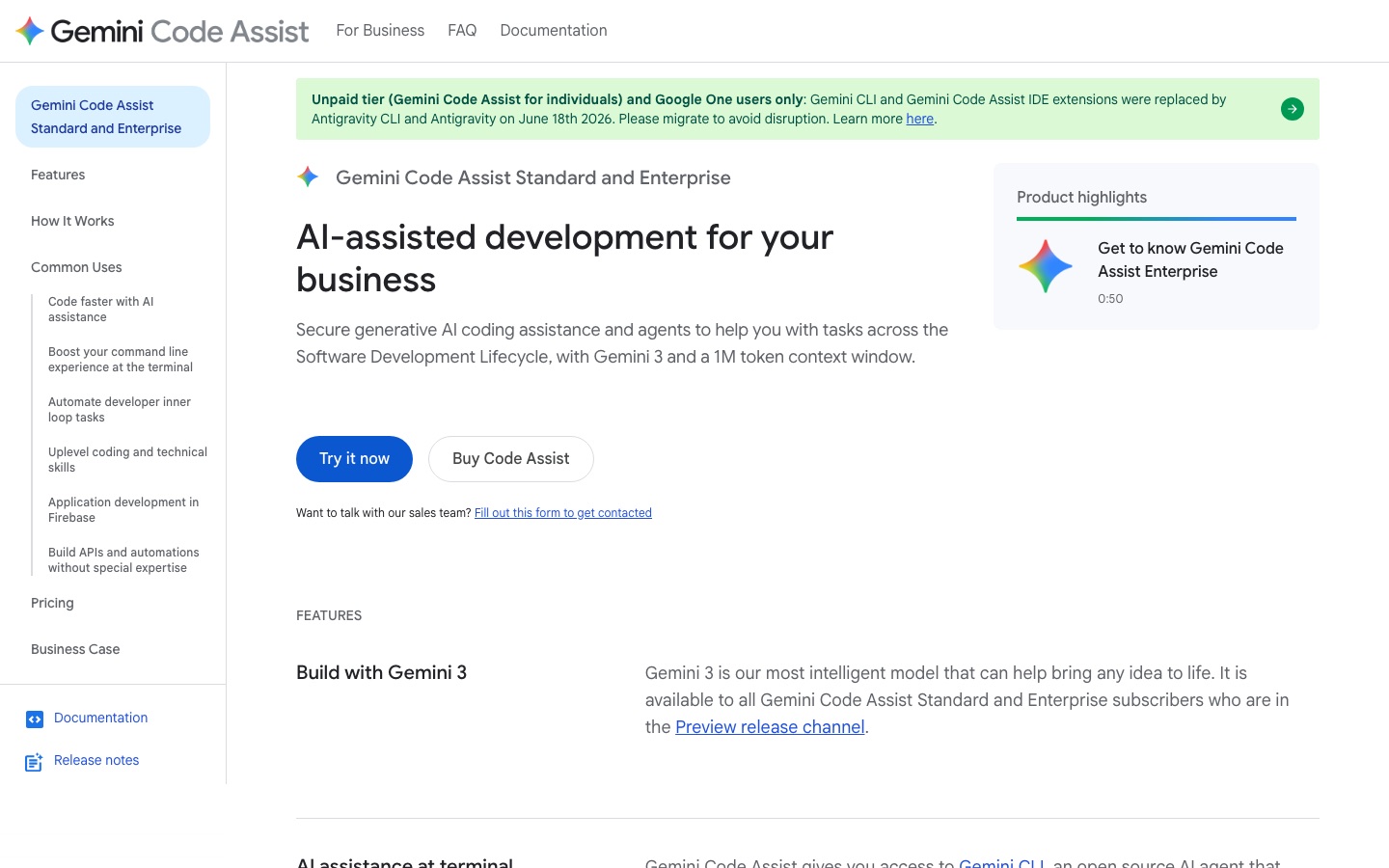 Gemini Code Assist website home page