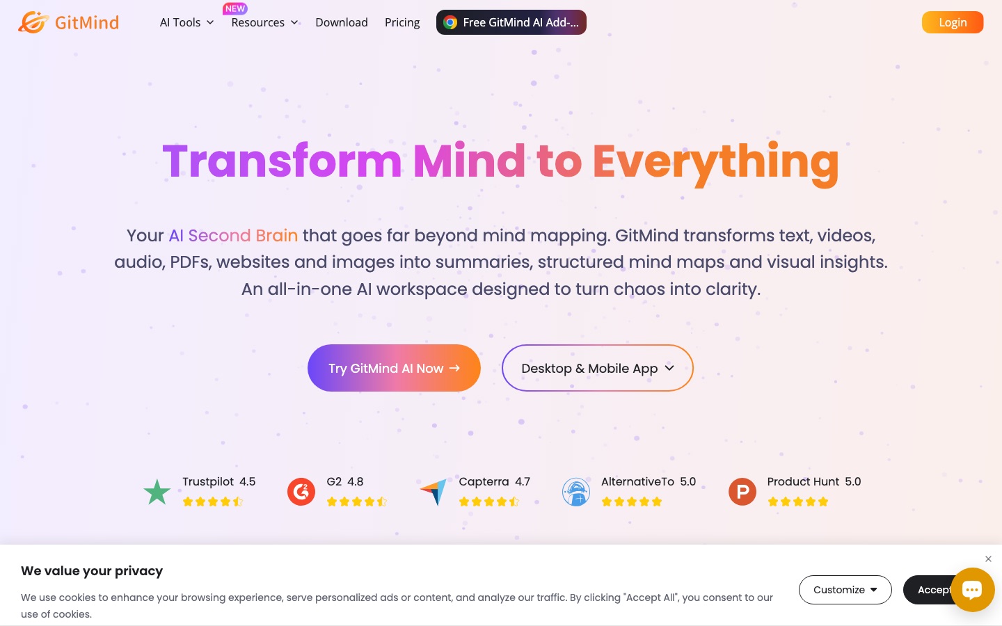 Página de inicio del sitio web de GitMind